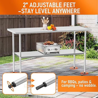 Stainless Steel Table for Food Prep & Work 24 x 60 inches Commercial Workstation with Adjustable Undershelf in Kitchen, Garage, Outdoor BBQ