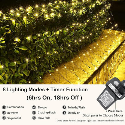 Joomer Christmas Net Lights - 12FT x 5FT 360 LED Plug-in Mesh Lights, Waterproof with 8 Modes, Timer, Connectable for Bushes, Trees, Garden, Outdoor Christmas Decor (Green Wire, Warm White)
