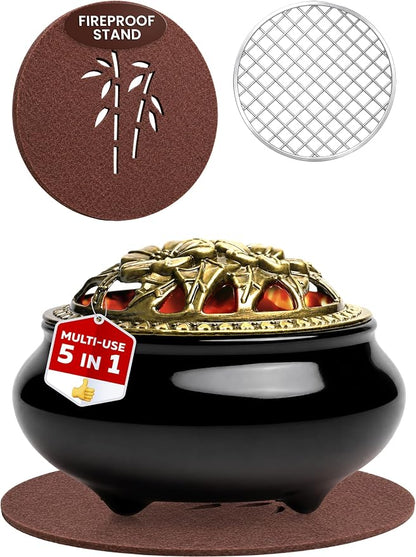 Frankincense Burner for Resin & Bakhoor – Glazed Black Ceramic Charcoal Incense Burner with Lid, Stainless Steel Mesh and Heat-Resistant Cotton Lining, Gothic Altar Censer