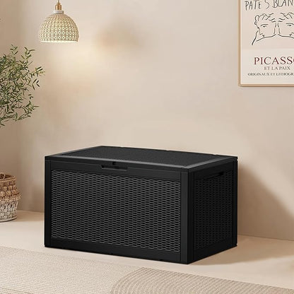 Outdoor Storage Box, 110 Gallon Resin Deck Box Waterproof for Patio Furniture, Garden Tools and Pool Accessories, Lockable UV-Resistant Storage Bin Bench Cabinet for Outside, Black