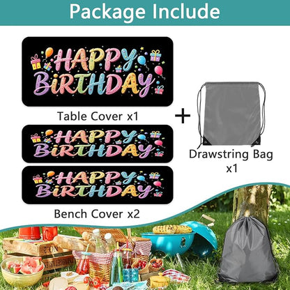 Happy Birthday Picnic Table Cover with Bench Covers, Colorful Candy Sprinkle Design Waterproof Camping Tablecloth, Elastic Fitted Rectangle Table Set with Drawstring Bag, 3PCS, 30x60 Inch