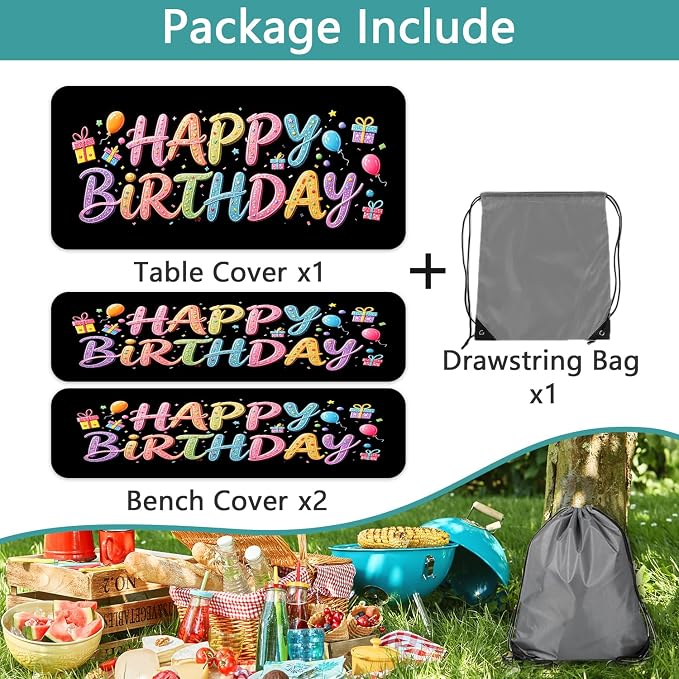 Happy Birthday Picnic Table Cover with Bench Covers, Colorful Candy Sprinkle Design Waterproof Camping Tablecloth, Elastic Fitted Rectangle Table Set with Drawstring Bag, 3PCS, 30x72 Inch