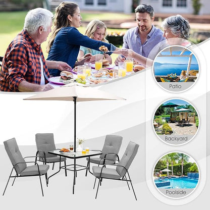 Tangkula 35" Glass Top Patio Dining Table for 4, Square Outdoor Table with Tempered Glass Tabletop, 1.65" Umbrella Hole & Metal Frame, 4-Person Outside Dining Table for Backyard, Lawn, Deck & Poolside