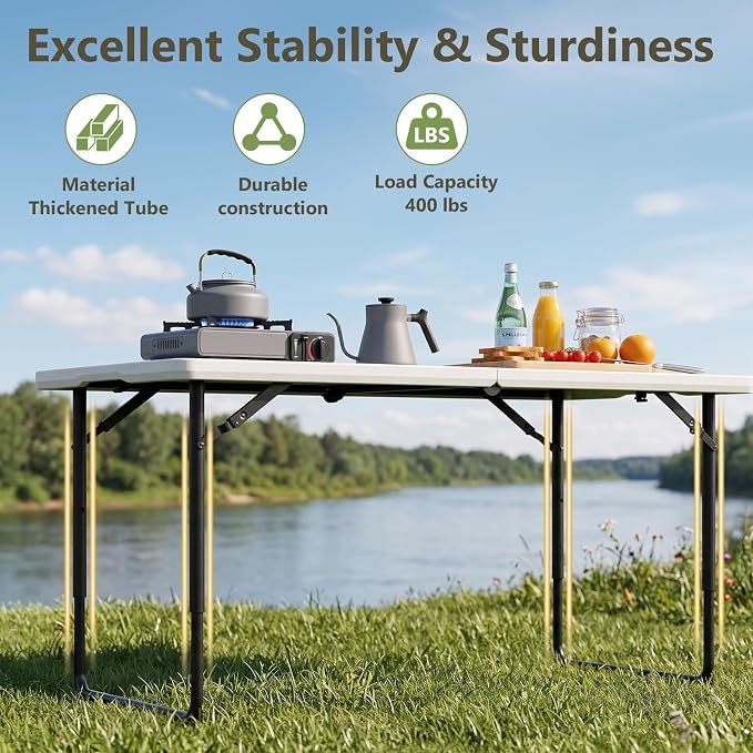Folding Table and Chairs Set for 4, 4FT Adjustable Height Plastic Folding Table with 4 Foldable Chairs, Portable Folding Table Set for Dining, Party, Wedding, Picnic, Camping, RV Travel