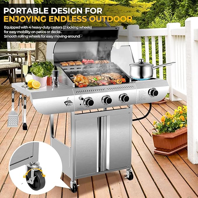 Electactic 3-Burner Propane Gas Grill with Side Burner, 34,000 BTU, Stainless Steel Barbecue Grill with Cast Iron Grates, Built-In Thermometer, Portable BBQ Grill for Outdoor Cooking, Patio,Camping