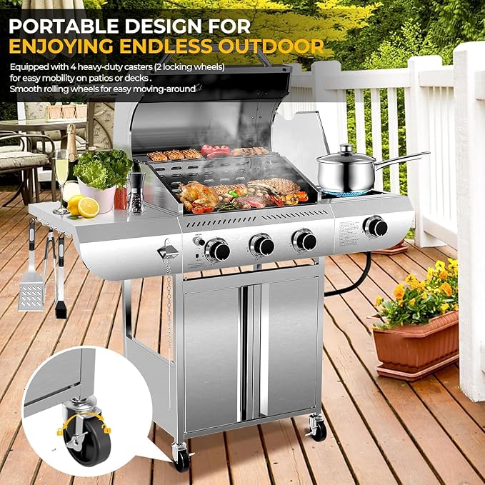 Electactic 3-Burner Propane Gas Grill with Side Burner, 34,000 BTU Stainless Steel BBQ Grill with Enameled Cast Iron Grates, Built-In Thermometer, Barbecue Grill for Outdoor Cooking, Patio, Tailgates