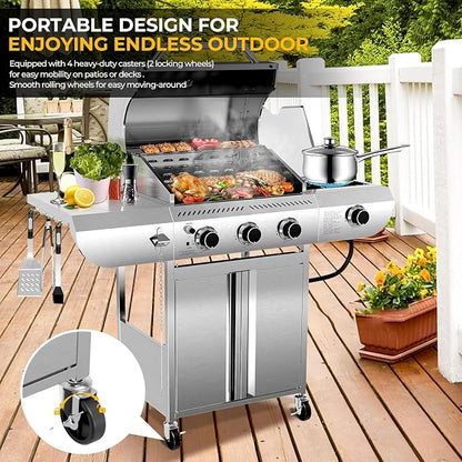 Electactic 3-Burner Propane Gas Grill with Side Burner, 34,000 BTU Stainless Steel BBQ Grill with Enameled Cast Iron Grates, Built-In Thermometer, Barbecue Grill for Outdoor Cooking, Patio, Tailgates