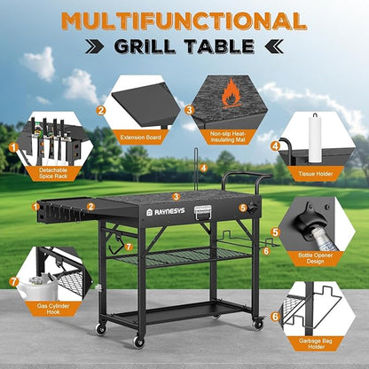 Raynesys Outdoor Grill Cart, 440lbs Outdoor Grill Table, 31x17 inch Blackstone Griddle Stand, Portable Folding Cart with Wheels, 2-Tier Storage Rack & Side Storage Box (Black)