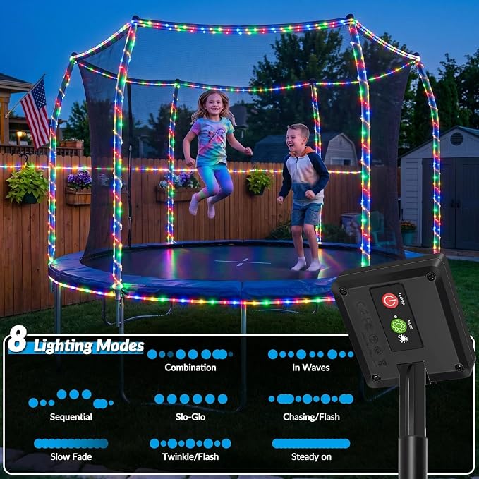 Solar Rope Lights, 2Pack 20FT 60 LED Solar Fairy Lights with 8 Lighting Modes, IP65 Waterproof Trampoline Light Outdoor for Yard Patio Fence Tree Party Holiday Decoration, Multicolored