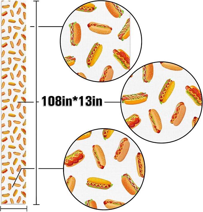 Hot Dog Table Runner Hot Dog Day Birthday Party Decoration Fast Food Sausage Dining Room Home Kitchen Table Decor (13" x 108")