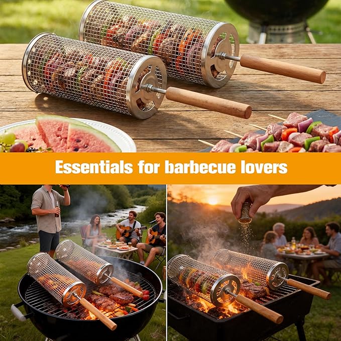 Rolling Grill Basket,7-Piece BBQ Set,Stainless Steel Grilling Basket with Lid and Removable Wooden Handle, BBQ Grill Accessories for Vegetables, Shrimp, Meat ,Outdoor Cooking Perfect Gifts for Men Dad Husband