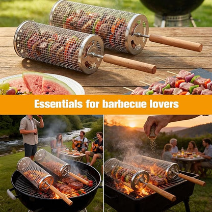 Rolling Grill Basket,7-Piece BBQ Set,Stainless Steel Grilling Basket with Lid and Removable Wooden Handle, BBQ Grill Accessories for Vegetables, Shrimp, Meat ,Outdoor Cooking Perfect Gifts for Men Dad Husband