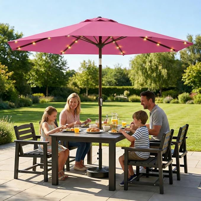 10FT Solar Lighted Patio Umbrella, Outdoor Table Market Umbrellas with Push Button Tilt and Crank, 32 LED Lights, 8 Sturdy Ribs, UV-Resistant for Deck, Garden, Pool