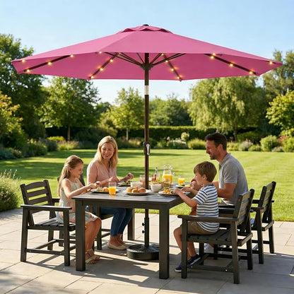 10FT Solar Lighted Patio Umbrella, Outdoor Table Market Umbrellas with Push Button Tilt and Crank, 32 LED Lights, 8 Sturdy Ribs, UV-Resistant for Deck, Garden, Pool