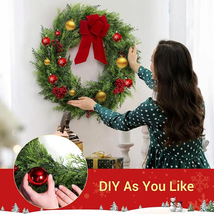 GarveeHome Christmas Wreaths for Front Door, 24 in Large Outdoor Christmas Wreath with Berries Velvet Bow, Winter Artificial Cypress Wreath Xmas Wreath for Indoor Window Wall Fireplace Holiday Decor
