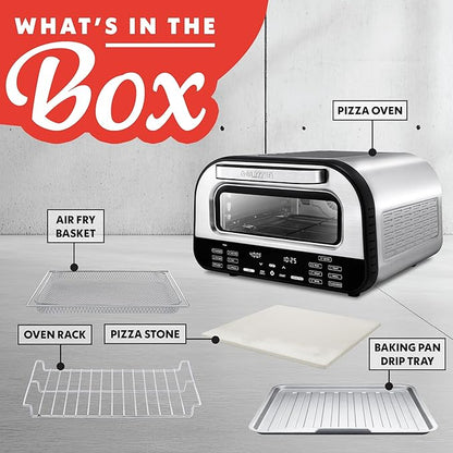 Gourmia Indoor Pizza Oven Air Fryer Toaster – 1800W Countertop Multi-Cooker with Pizza Stone, Digital Controls & 6 Presets, Stainless Steel
