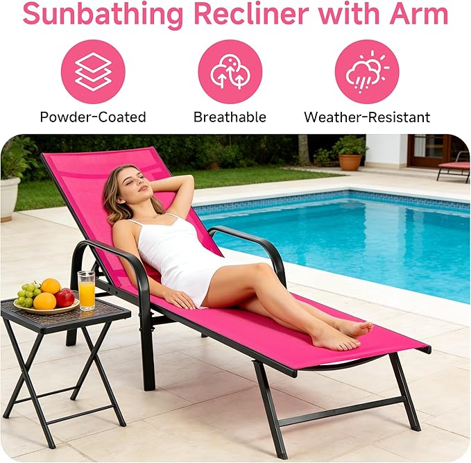 DUMOS Outdoor Lounge Chaise Set of 2 for Poolside Patio, 5-Position Chaise with Armrest, Sun Tanning Chair 350 lbs Heavy Duty Patio Pool Chair, Waterproof Lounge for Deck,Backyard, Beach,Pink