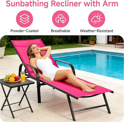 DUMOS Outdoor Lounge Chaise Set of 2 for Poolside Patio, 5-Position Chaise with Armrest, Sun Tanning Chair 350 lbs Heavy Duty Patio Pool Chair, Waterproof Lounge for Deck,Backyard, Beach,Pink
