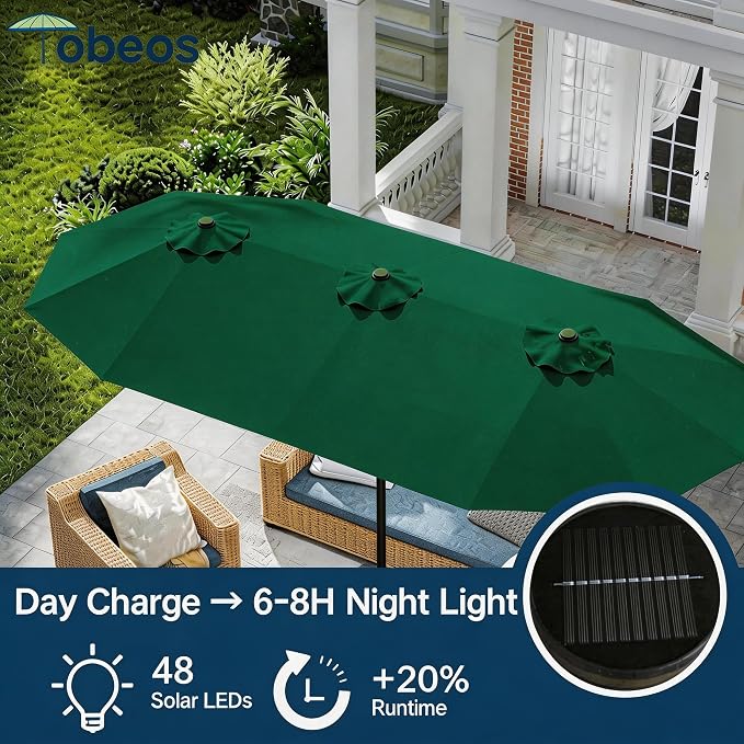 15ft Large Patio Umbrella with Solar Lights and Base, Double-Sided Outdoor Rectangle Umbrella with 48 LED Lights, Market Table Umbrellas with UV Resistant Canopy