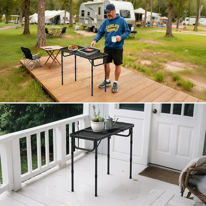 VINTEAM Folding Grill Table with Mesh Top, 3 Adjustable Heights, Lightweight Portable Camping Table, Black Aluminum Alloy BBQ Picnic Table for Outdoor Cooking, Tailgating, Beach, RV & Backyard