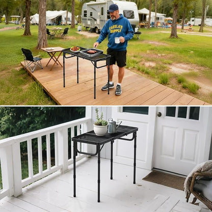 VINTEAM Folding Grill Table with Mesh Top, 3 Adjustable Heights, Lightweight Portable Camping Table, Black Aluminum Alloy BBQ Picnic Table for Outdoor Cooking, Tailgating, Beach, RV & Backyard