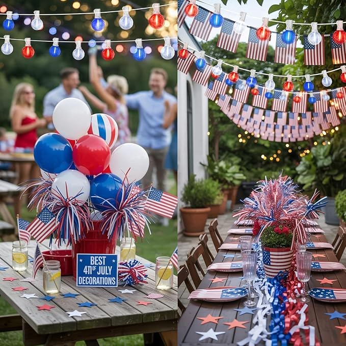 LAMPHOME 4-Pack 26Ft Outdoor Red White Blue String Lights, Patriotic Patio Light with 12+1 Edison Bulbs, LED Shatterproof String Lights for Outside Bistro Christmas Patio Party Decorations