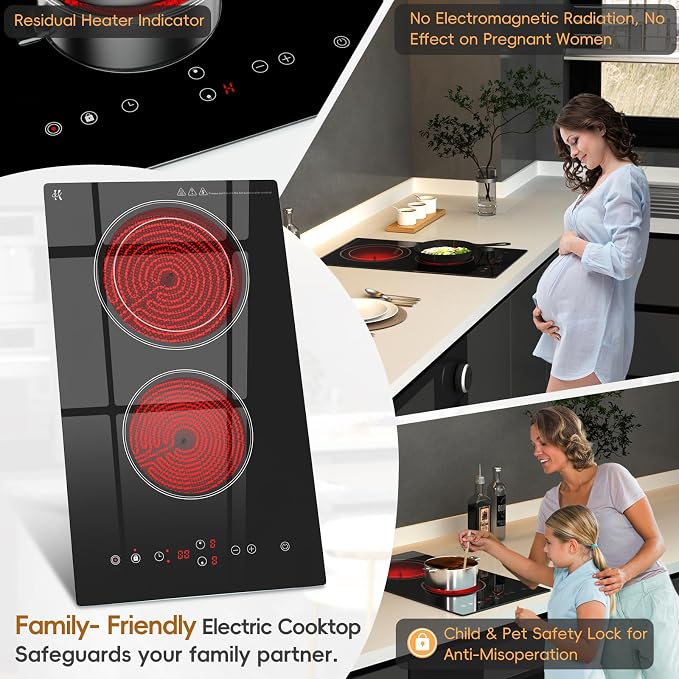 2 Burner Electric Cooktop 110V, 1800W Electric Stove Top 12 Inch, Plug in | Radiant Ceramic, Two Burner Electric Cooktop, Countertop & Built-in Stove, Touch Control, 9 Level Power, Timer, Safety Lock