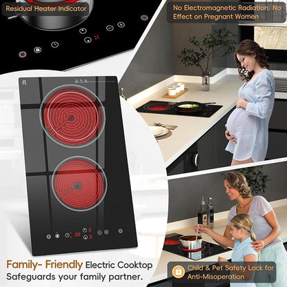 2 Burner Electric Cooktop 110V, 1800W Electric Stove Top 12 Inch, Plug in | Radiant Ceramic, Two Burner Electric Cooktop, Countertop & Built-in Stove, Touch Control, 9 Level Power, Timer, Safety Lock