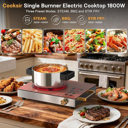 Single Burner Electric Cooktop - 110V 1800W Portable One Burner Hot Plate, Countertop Electric Stove top for Home, Camping, RV, Timer, Child Lock, Steam, BBQ, Stir Fry, 120V Plug in (Orange)