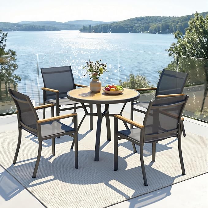 5-Pieces Aluminum Patio Table and Chairs for All-Weather, Patio Table Set with Heavy Duty HDPS Round Table, Outdoor Patio Dining Furniture Set with Breathable Quick-Drying Textilene Chairs