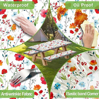 JAWO Picnic Table Cover with Bench Covers, Flowes Boho Floral Camping RV Essentials Gear Supplies Outdoor Waterproof Windproof Tablecloth with Elastic, 60in