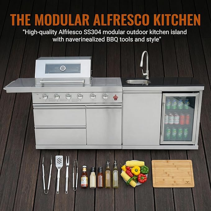 Premium 6-Burner 304 Stainless Steel Outdoor Kitchen Island with Grill, Sink, Refrigerator, Rotisserie & LED Lighting | 75,300 BTU Modular BBQ Station for Patio Backyard