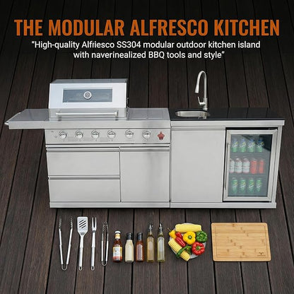 Premium 6-Burner 304 Stainless Steel Outdoor Kitchen Island with Grill, Sink, Refrigerator, Rotisserie & LED Lighting | 75,300 BTU Modular BBQ Station for Patio Backyard