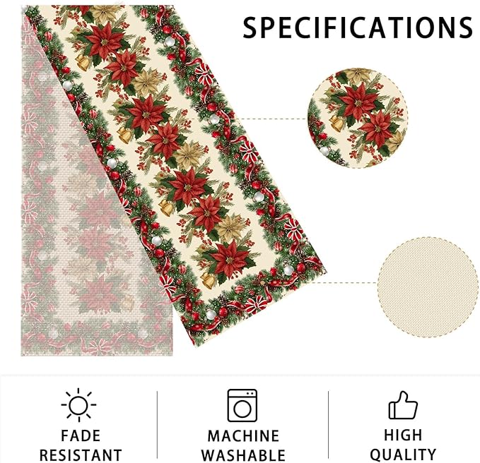Christmas Poppies Table Runner,Dining Decor for Kitchen Coffee Table Family Dinners Holiday Parties Wedding Events Decor(13x72 inch)