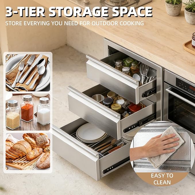Outdoor Kitchen Drawers 18" x 23" x 23" Stainless Steel Triple Drawer Cabinet, Flush Mount Modular Storage for BBQ Islands & Patios