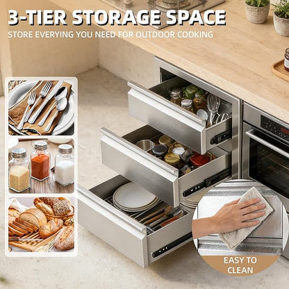 Outdoor Kitchen Drawers 18" x 23" x 23" Stainless Steel Triple Drawer Cabinet, Flush Mount Modular Storage for BBQ Islands & Patios