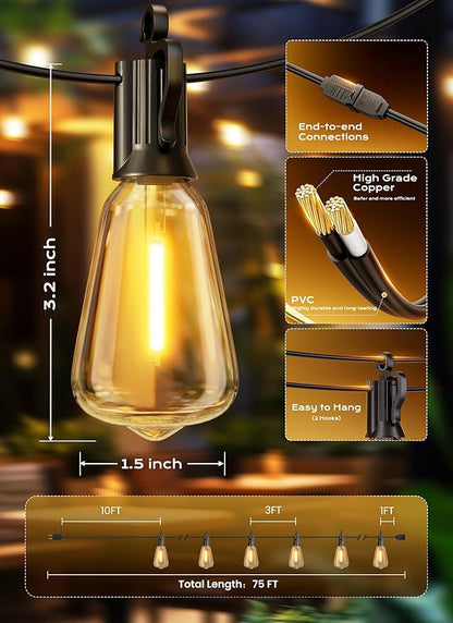 Brightown Outdoor String Lights, 75FT 22+2 LED ST38 LED Patio Lights Shatterproof, Dimmable IP65 Waterproof Connectable Hanging Outdoor Light for Backyard, Porch, Deck, Balcony