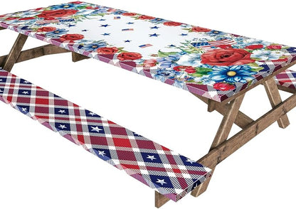 Cinrobiye 84 Inch Picnic Table Cover with Bench Covers, Fitted Elastic Waterproof Picnic Tablecloth with Bench Covers, Red White and Blue American Flag Table Cover for Camping, BBQ, Outdoor Parties
