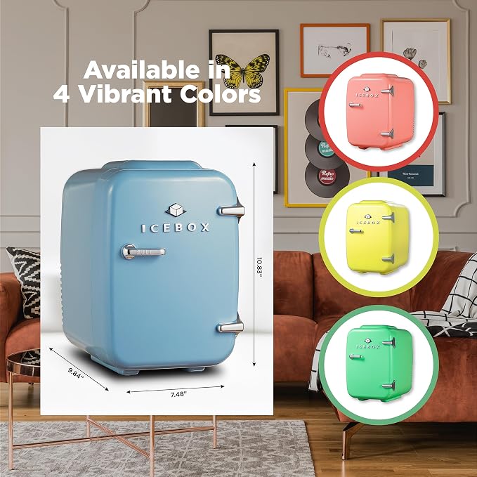 IceBox 4-Liter Mini Fridge Cooler/Warmer, IBMF4SLT, Slate Blue | Portable Refrigerator Holds 6 Cans, Compact for Skincare, Beverages and Food, Includes 120V AC and 12V Car Adapters