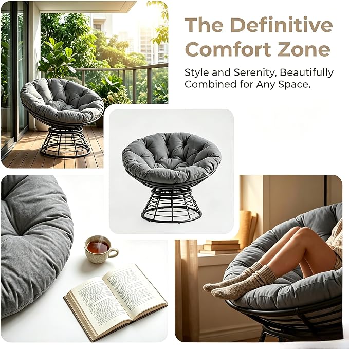 Cushion Papasan Swivel Chair, Ergonomic Wicker Round Chair with Thick Padding, Oversized Swivel Wicker Accent Chairs for Living Room, Bedroom, Reading Room, Balcony, Brown Frame, Gray