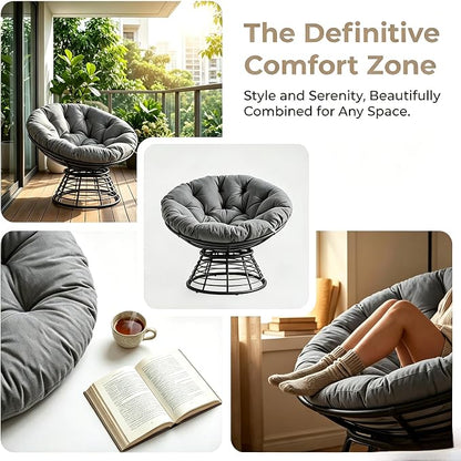 Cushion Papasan Swivel Chair, Ergonomic Wicker Round Chair with Thick Padding, Oversized Swivel Wicker Accent Chairs for Living Room, Bedroom, Reading Room, Balcony, Brown Frame, Gray