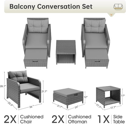 5 Piece Patio Furniture Set, PE Wicker Outdoor Furniture Set with Soft Cushions & Coffee Table, Outdoor Lounge Chairs with Ottoman for Porch, Lawn, Balcony, Light-Grey