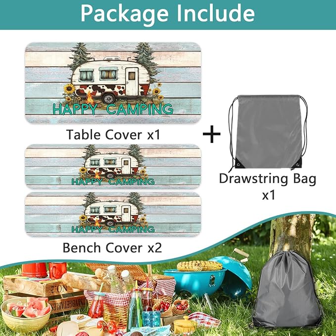 Flowers Picnic Table Cover with Bench Covers and Bag, Camping Essentials, Green Camper Wooden Grain Waterproof, Fitted Tablecloth Cover with Elastic Edge, Outdoor Table Covers, 3 PCS, 30x72 Inch