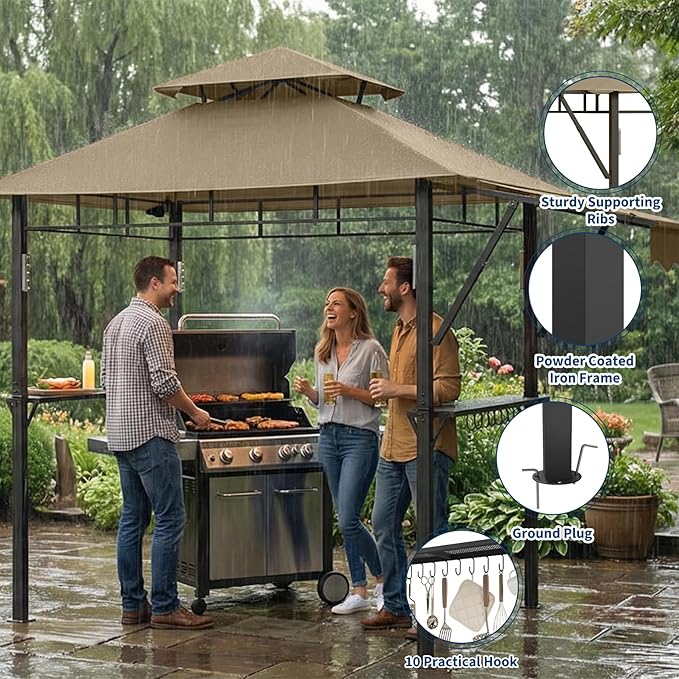 8x5 ft Grill Gazebo, Double Tired Outdoor Patio Canopy Tent with Side Awning Shelves,4 LED Lights,10 Hooks & Bottle Opener,Heavy Duty Steel Frame Grilling Canopy for Patio Backyard Garden Picnic,Khaki