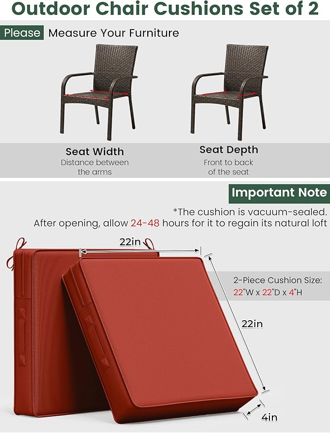 Outdoor Chair Cushion 22 x 22 x 4 Inches Patio Furniture Outdoor Waterproof Seat Cushion, Patio Chair Cushion with Handles and Ties, Square Dining Chair Cushion Set of 2, Terra Red