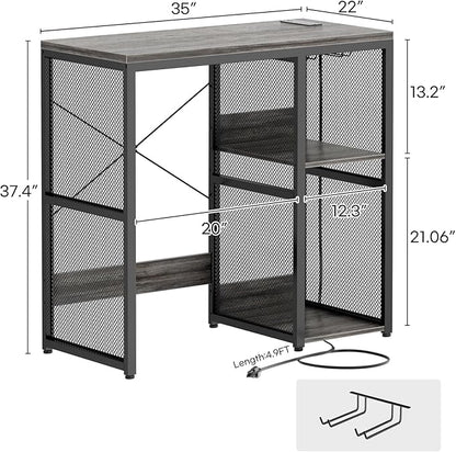 Homieasy Mini Fridge Cabinet with Power Outlet, Coffee Bar Cabinet with Mini Fridge Space, Industrial Liquor Cabinet with Wine Storage & Glass Holder for Dorm, Living Room, Home Kitchen, Grey