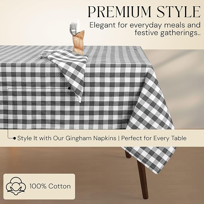 Gingham Buffalo Check 60"x84" Tablecloth 100% Cotton Washable Rustic Rectangle Table Cover Decorative for Gifts, Dining, BBQ, Buffet Parties & Camping - Grey