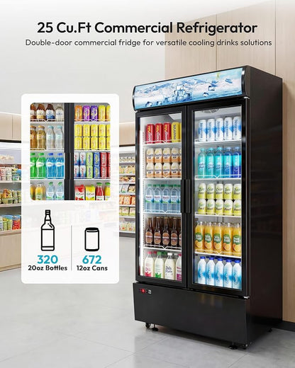 25 Cu.Ft Commercial Beverage Refrigerator, Double Glass Door | LED Lightbox, 8 Adjustable Shelves, 32-50°F Digital Control, R290 Air Cooling, ETL Certified, Commercial Use