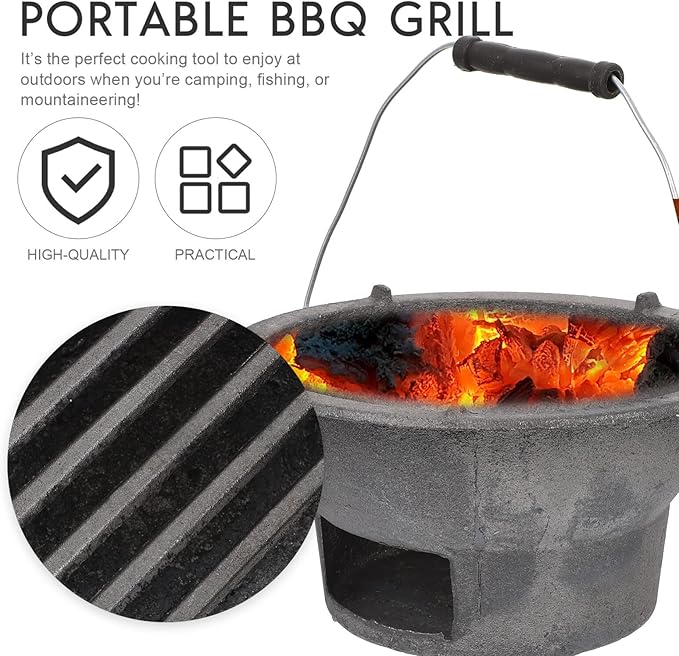 DOITOOL Cast Iron Outdoor Barbecue Stove Portable Charcoal Cooking Stove Compact 8.3X8.3X4.3 Inch Camping Bbq Tool for Picnics and Backyard Grilling