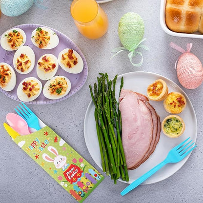 WILLBOND 400 Pcs Easter Plastic Cutlery Set Paper Silverware Bags with Plastic Forks Knives Spoons Disposable Cutlery Utensil Holder for Easter Wedding Party Restaurant Kitchen
